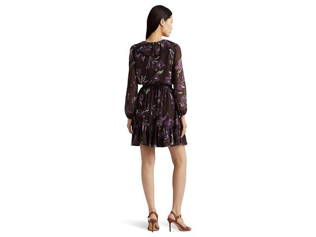 LAUREN Ralph Lauren Floral Ruffle-Trim Georgette Dress Purple/Multi) Women's Dress Product Image