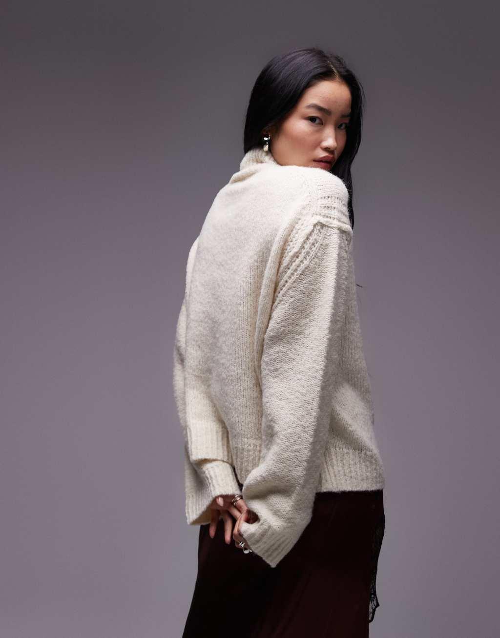 Topshop knitted seam stitch detail funnel relaxed sweater in ivory Product Image