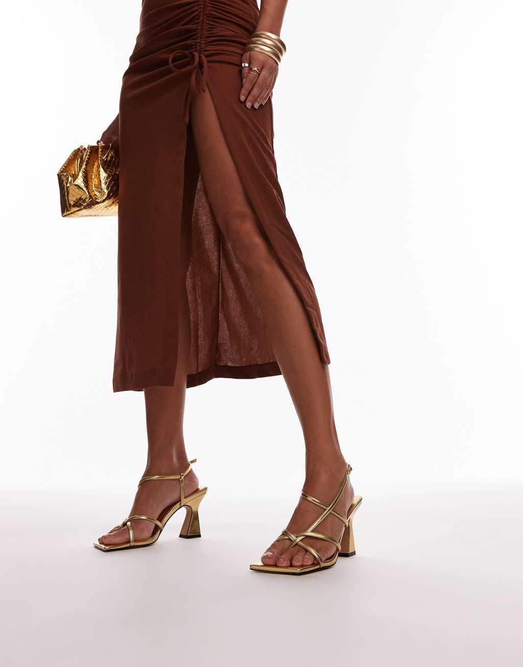 Topshop Wide Fit Gracy strappy block heeled sandals in gold Product Image