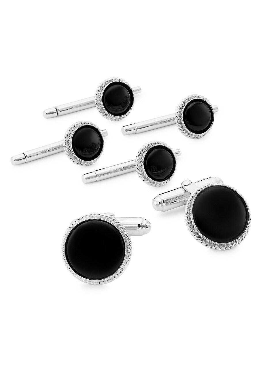 Mens 6-Piece Sterling Silver & Onyx Stud & Cufflink Set Product Image