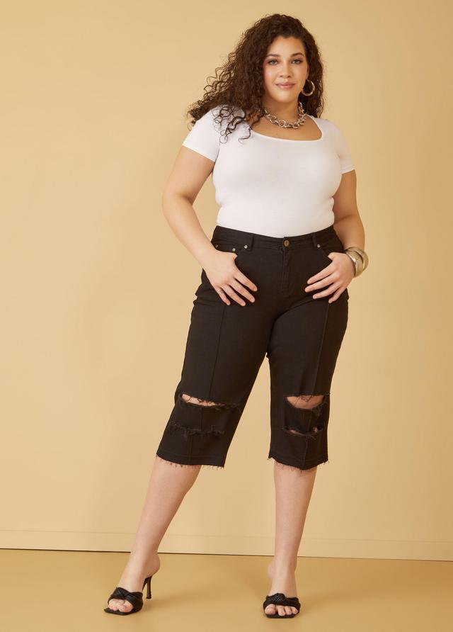 Plus Size Distressed Mid Rise Denim Capris Ashley Stewart Product Image