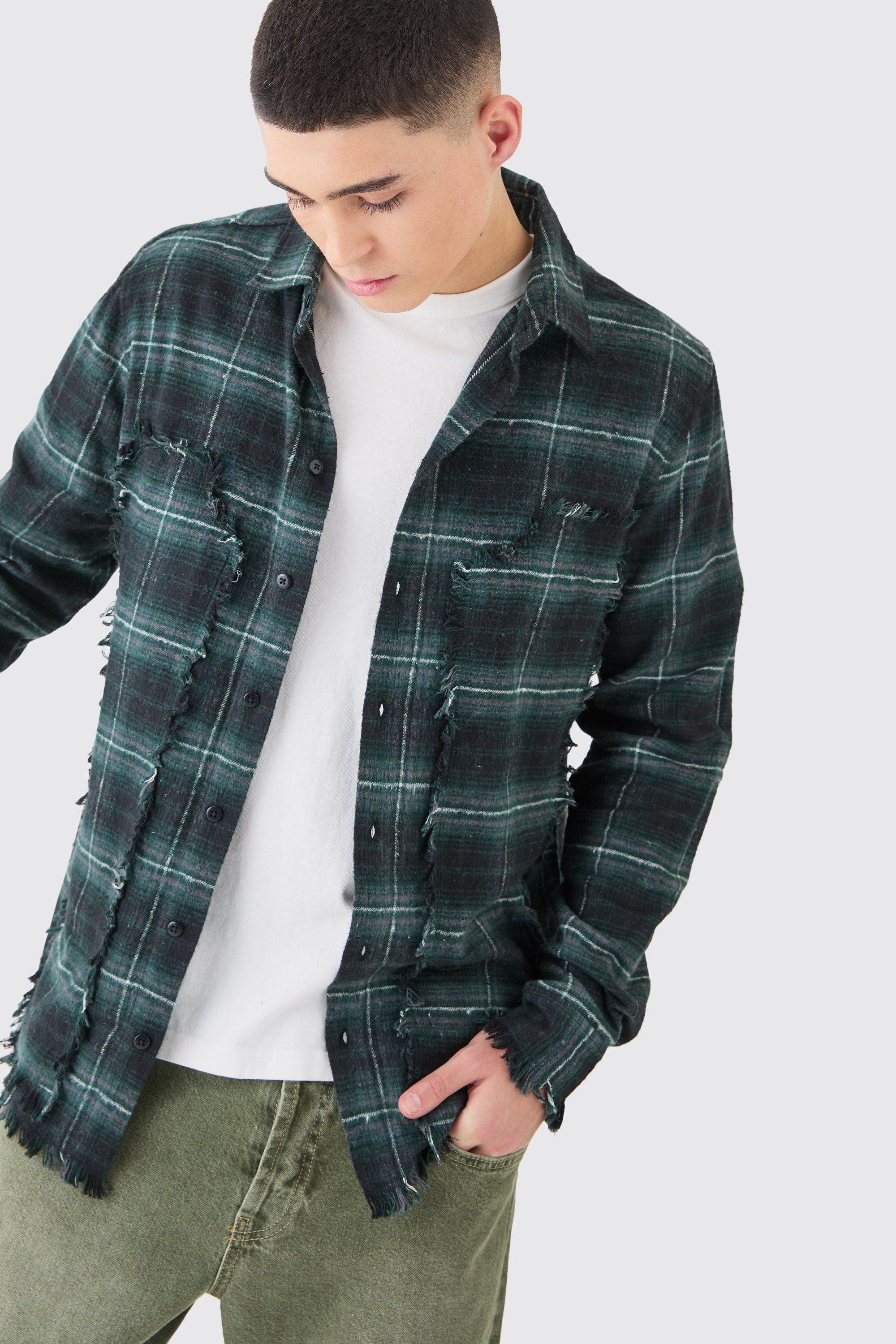 Oversized Distressed Panel Check Shirt | boohooMAN USA Product Image