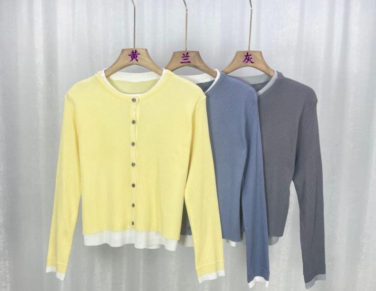 Mock Two-Piece Long-Sleeve Two Tone Button Knit Top Product Image