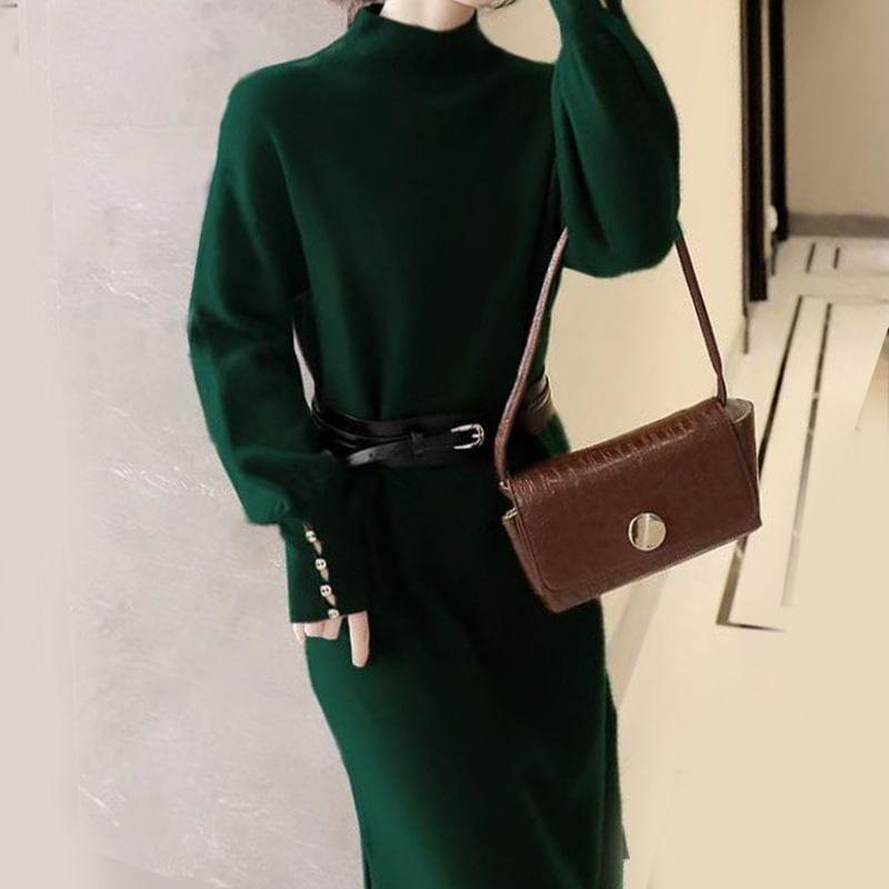 Long-Sleeve Mock Neck Plain Midi Sheath Knit Dress Product Image