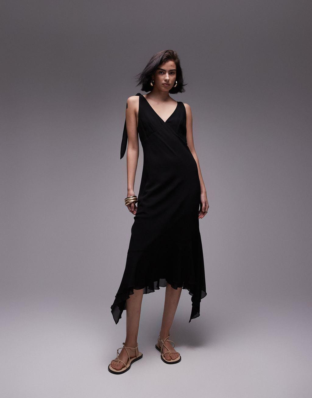 Topshop tie shoulder midi dress in black Product Image