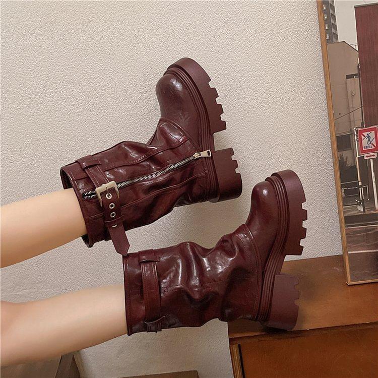 Platform Buckled Panel Zip Mid Calf Boots product image