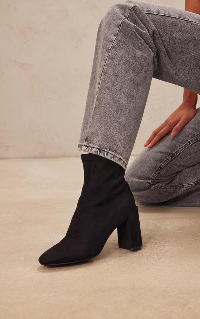 Black Faux Suede Round Toe Heeled Ankle Sock Boots Product Image