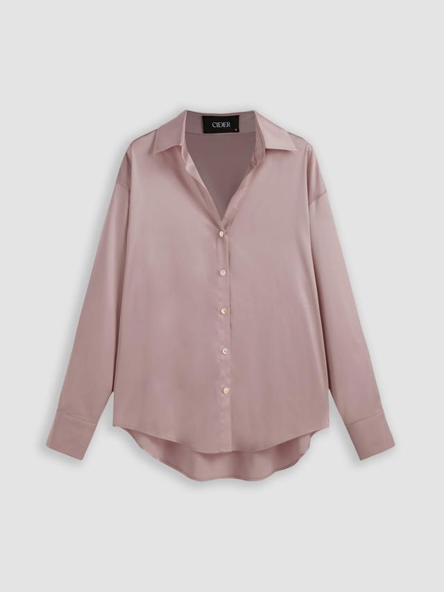 Satin Collar Solid Button Long Sleeve Blouse Product Image