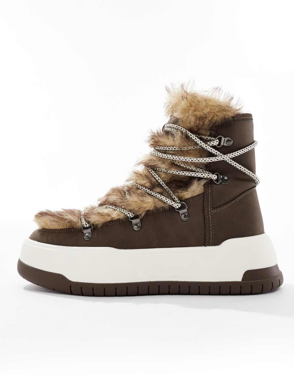 ASOS DESIGN lace up hiker boots in tan with borg Product Image