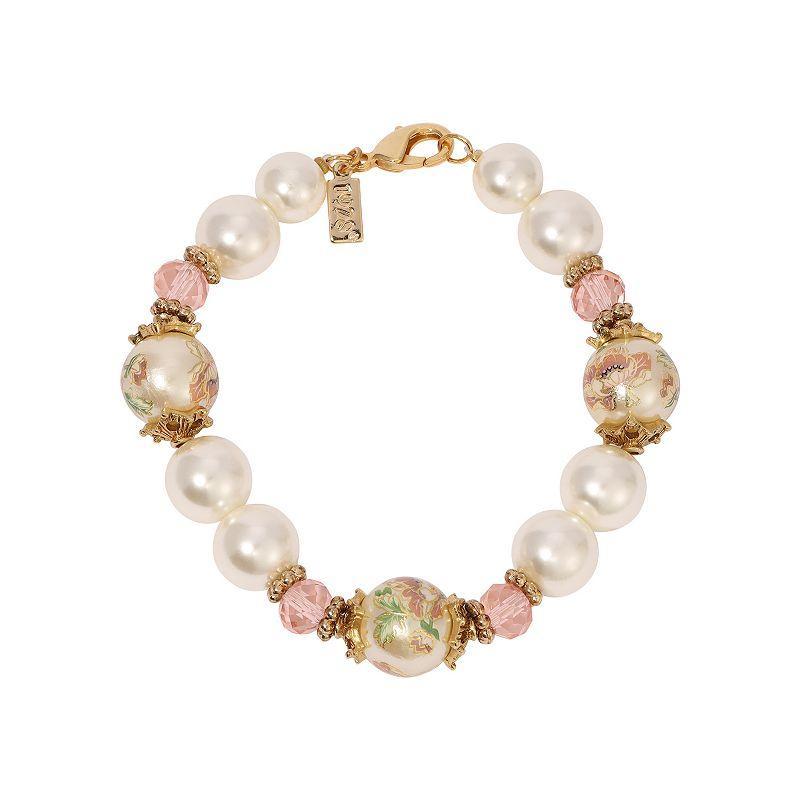 1928 Gold Tone Flower Decal Faux Pearl Pink Crystal Bracelet, Womens, White Product Image