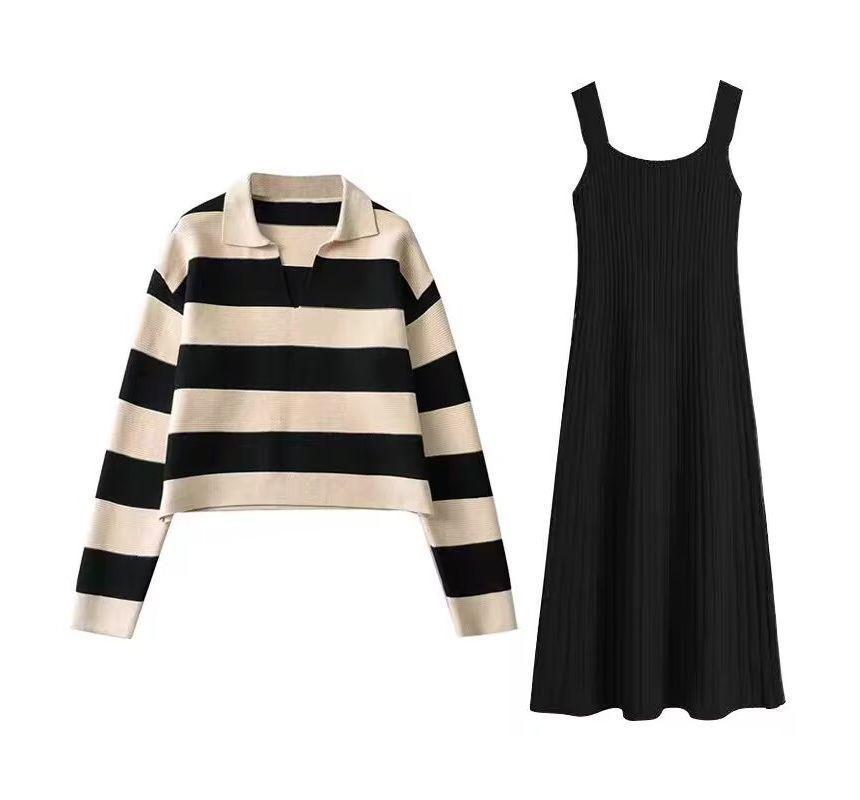 Maternity Collar Striped Oversized Sweater / Sleeveless Scoop Neck Plain Knit Midi A-Line Dress Product Image