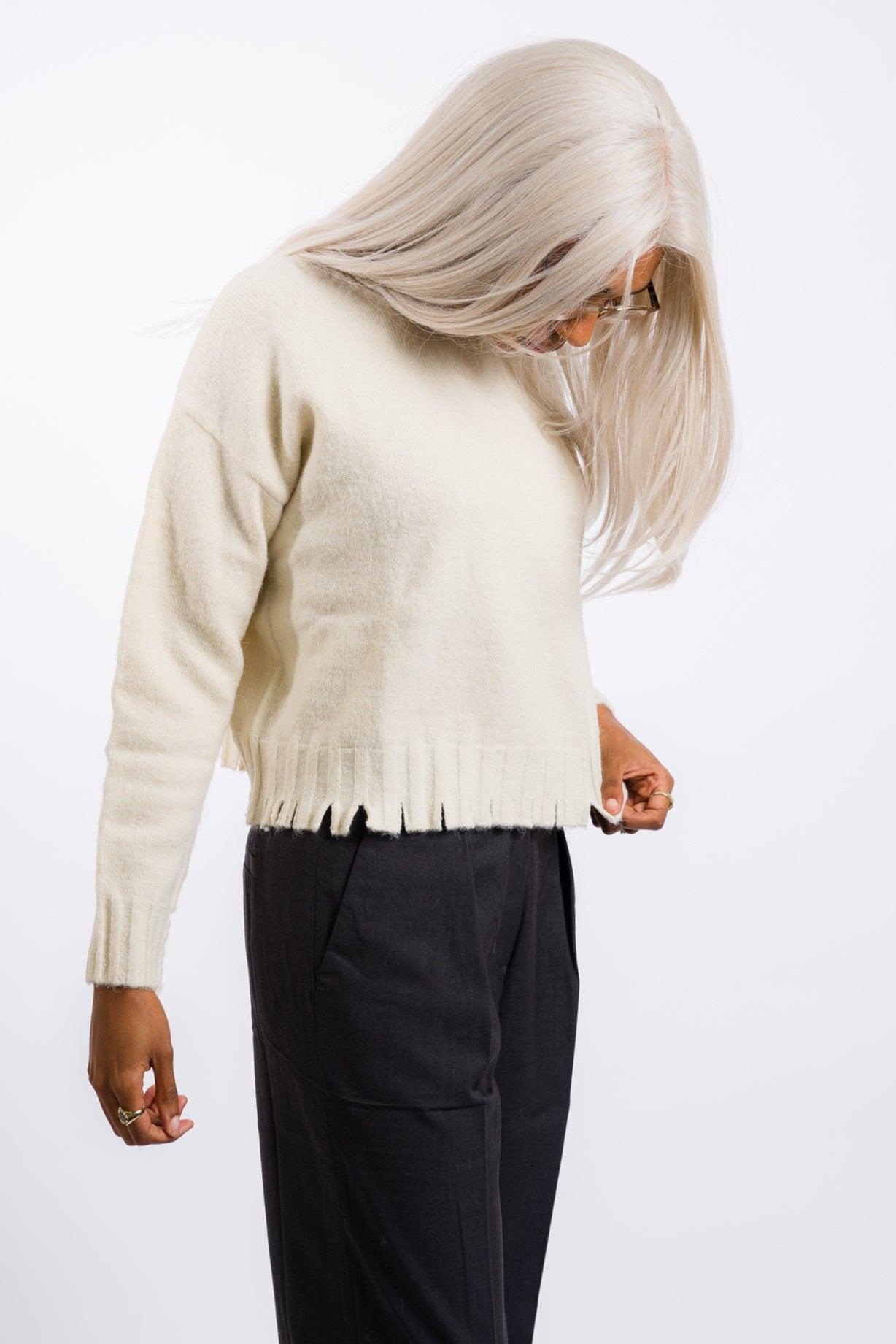 Grade & Gather Distressed Hem Sweater Top - Ivory Female Product Image