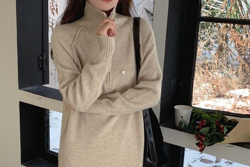 Long Sleeve Half-Zip Plain Knitted Midi Dress Product Image