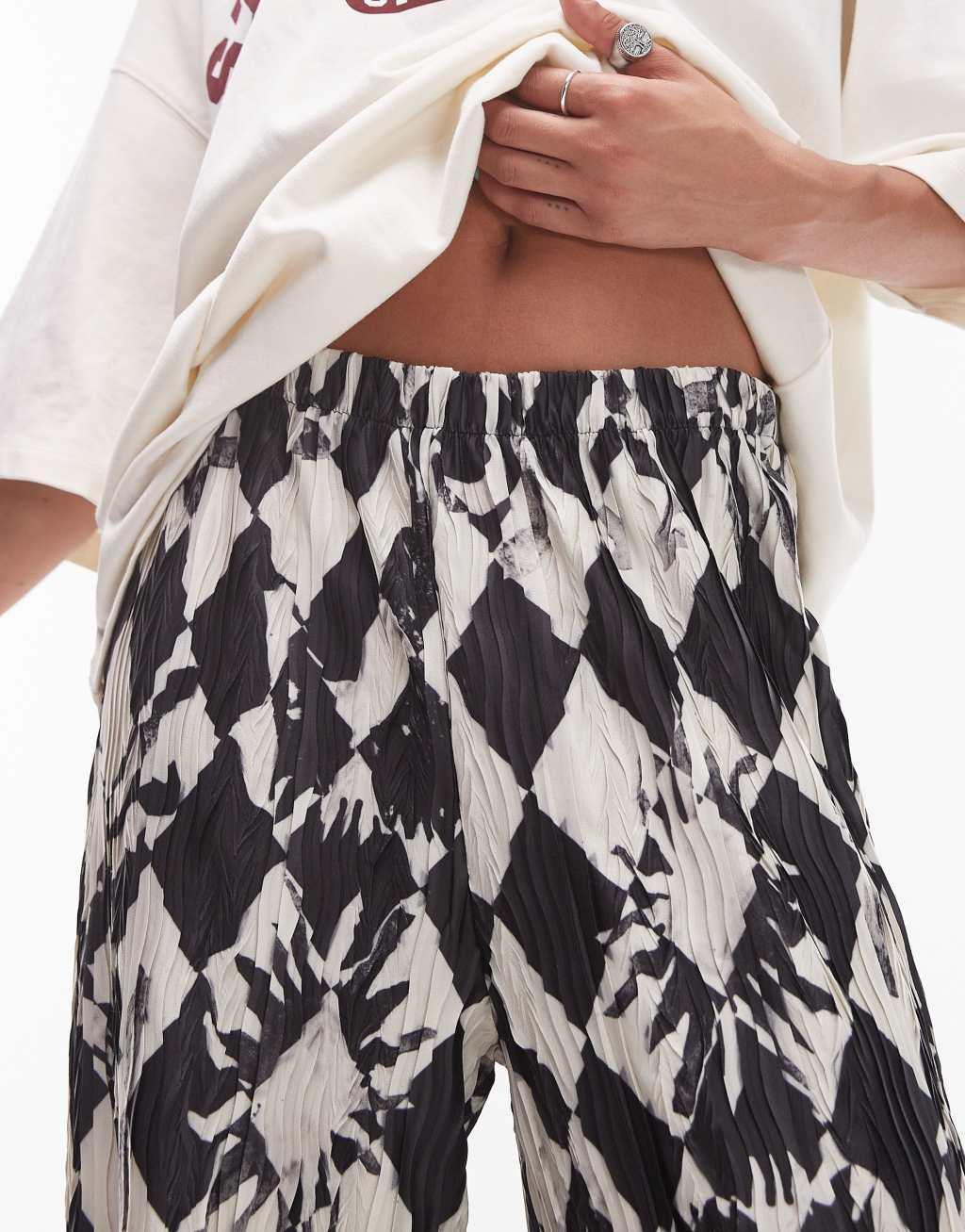 Topshop checkerboard crinkle plisse wide leg pants in mono Product Image