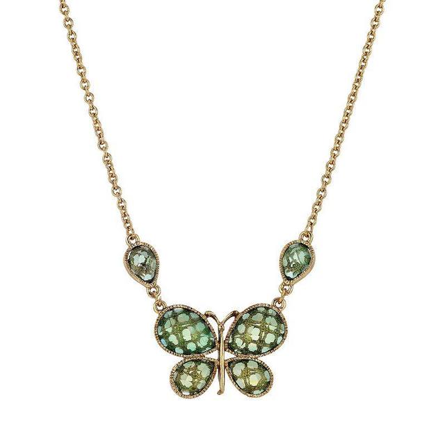 1928 Gold Tone & Green Stone Faceted Butterfly Necklace, Womens Product Image