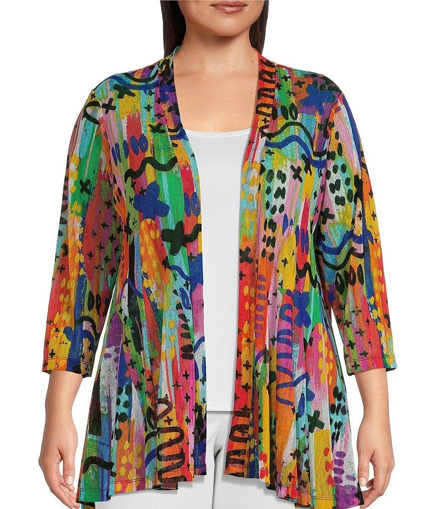 Ali Miles Plus Size Multi Print Woven Mesh 3/4 Sleeve Open Front Kimono Product Image