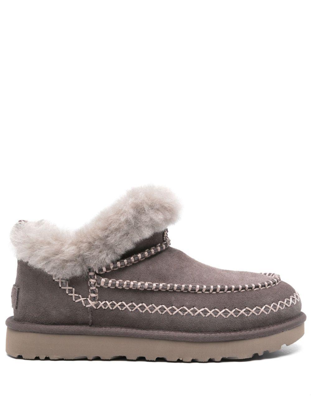 UGG Womens  Classic Ultra Mini Alpine Logo-patch Suede Ankle Boots In Grey Product Image