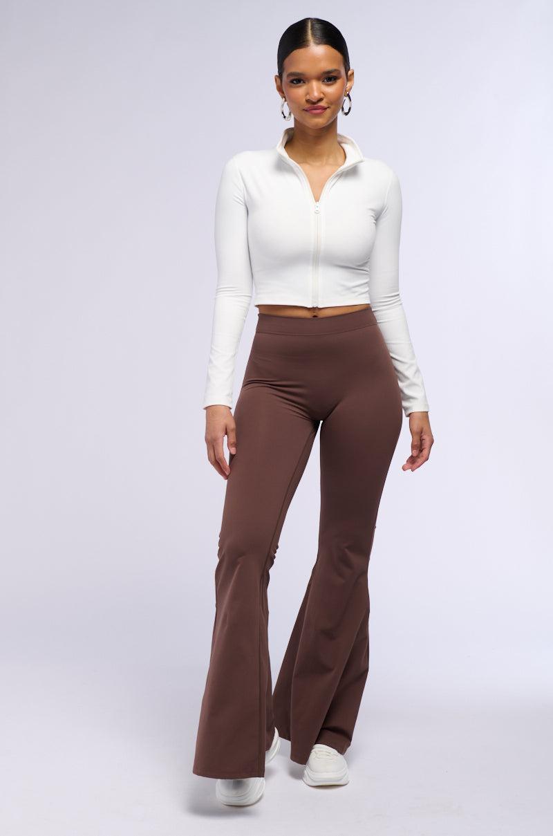 ON THE RUN RUCHED BACK FLARE LEGGING IN BROWN Product Image