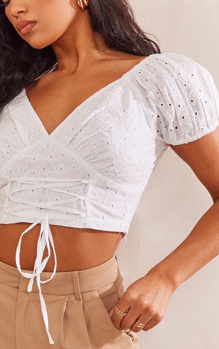 White Lace Up Front Broderie Crop Top Product Image