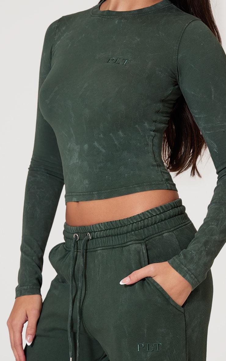 PRETTYLITTLETHING Forest Green Washed Longline Cotton Long Sleeve Fitted T-shirt Product Image