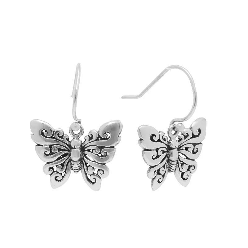 Main and Sterling Oxidized Sterling Silver Filigree Butterfly Drop Earrings, Womens Product Image