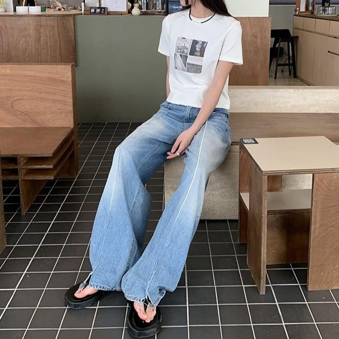 High Waist Washed Slit Hem Wide Leg Jeans Product Image