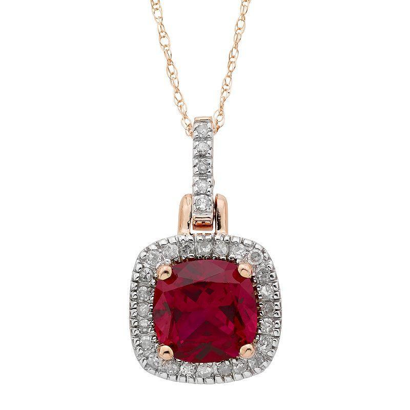 10k Gold Lab-Created Ruby & 1/8 Carat T.W. Diamond Halo Pendant Necklace, Womens Red Product Image