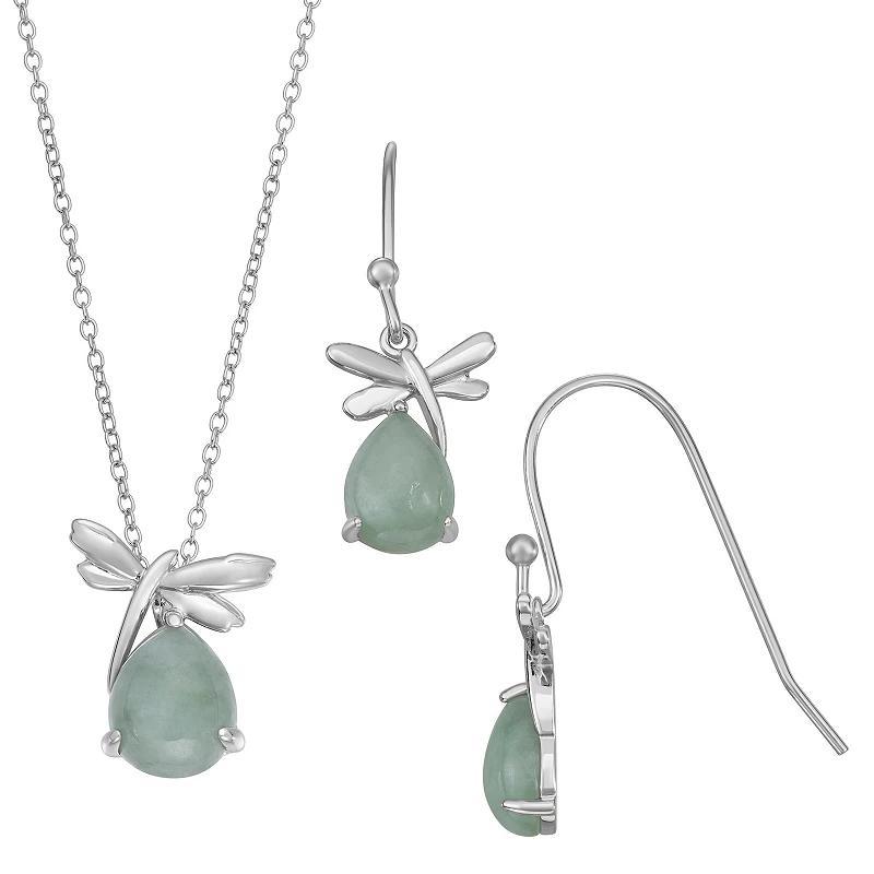 Dynasty Jade Sterling Silver Jade Dragonfly Pendant & Earring Set, Womens Product Image