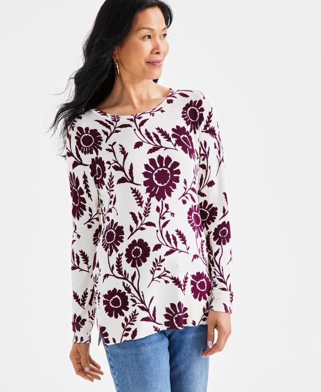 Style & Co Womens Floral Crewneck Long-Sleeve Sweater, Created for Macys Product Image