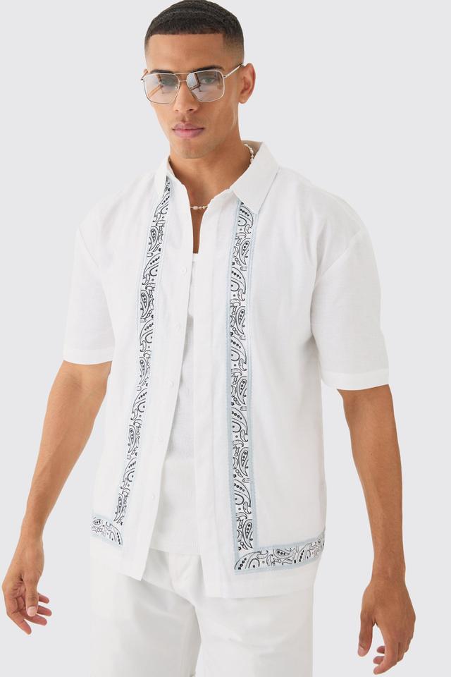 Mens White Concealed Placket Linen Boarder Shirt, White Product Image