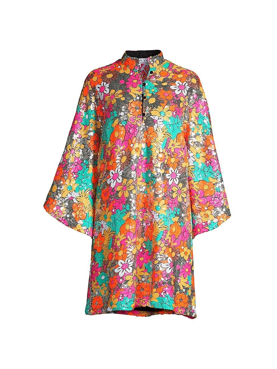 Womens Sequined Floral Mini Caftan Product Image