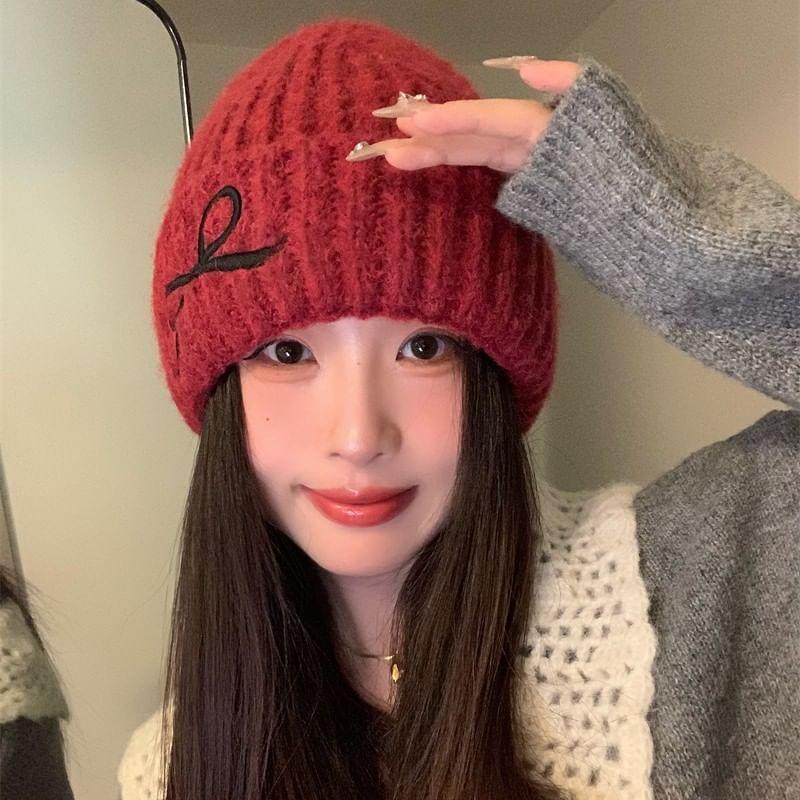 Bow Embroidered Ribbed Beanie product image