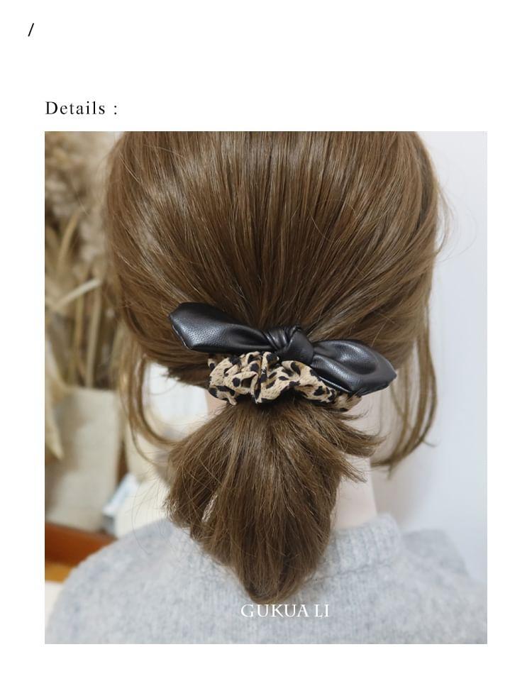 Faux Leather Bow Leopard Print Scrunchie Product Image