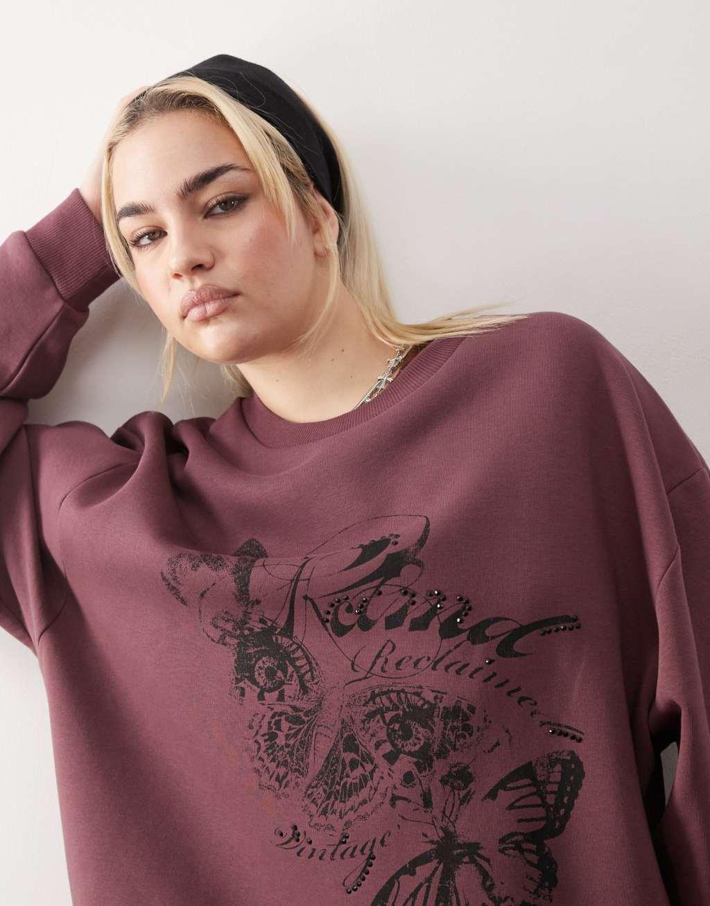 Reclaimed Vintage oversized sweat with butterfly print in burgundy Product Image