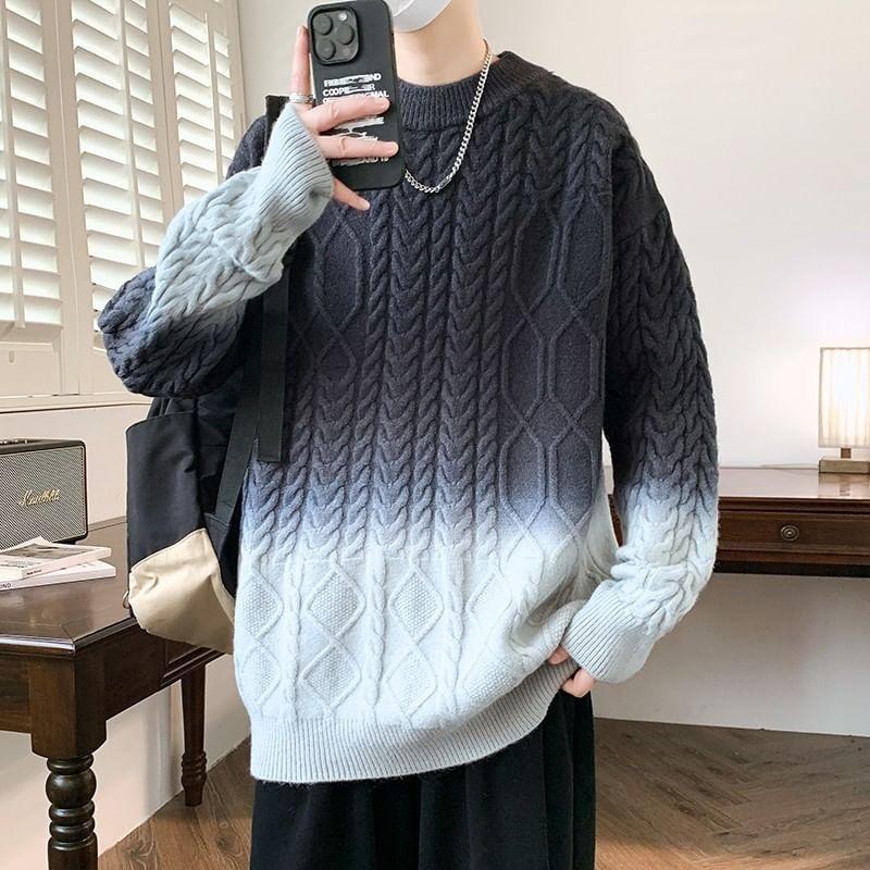 Crew Neck Gradient Cable Knit Sweater product image