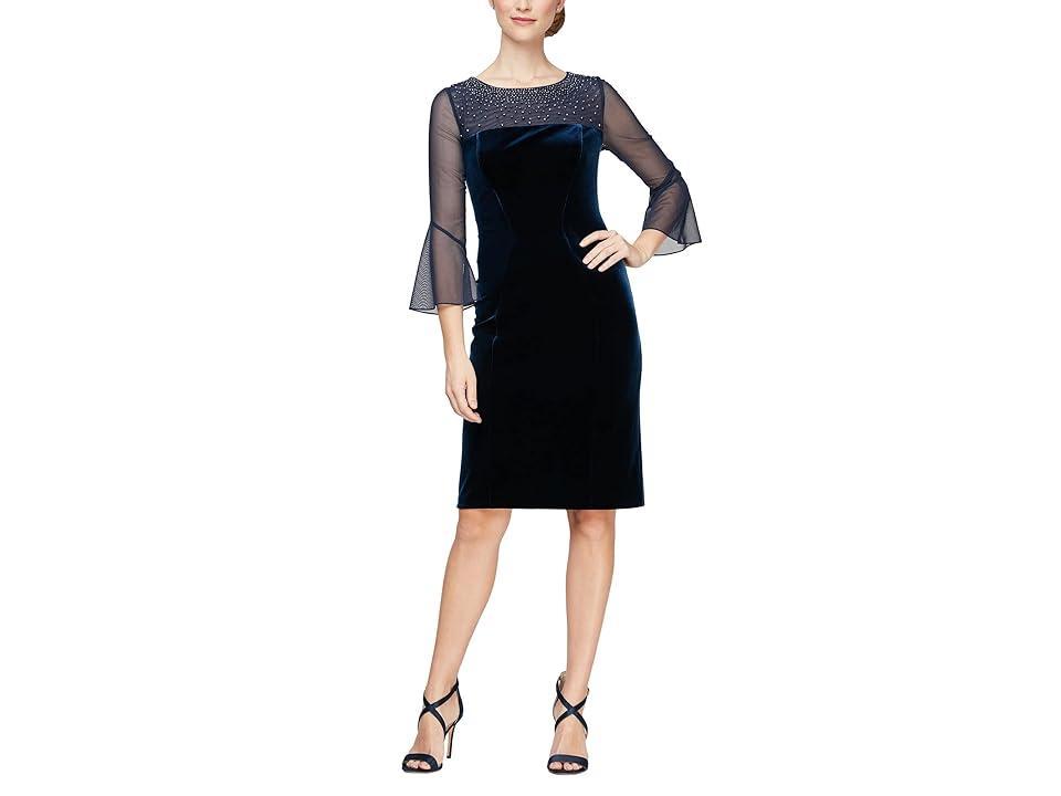 Alex Evenings Short Sheath Dress with Embellished Illusion Neckline and Bell Sleeves (Imperial) Women's Dress Product Image