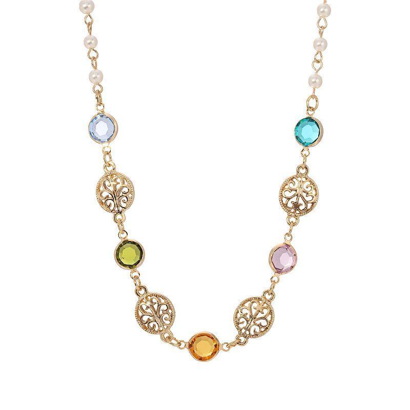 1928 Gold Tone Pastel Crystal & Simulated Pearl Filigree Link Necklace, Womens, Multi Product Image