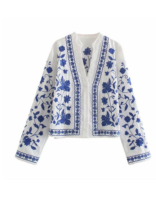  All-Match Buttoned Embroidered Long Sleeves V-Neck Blouses Product Image