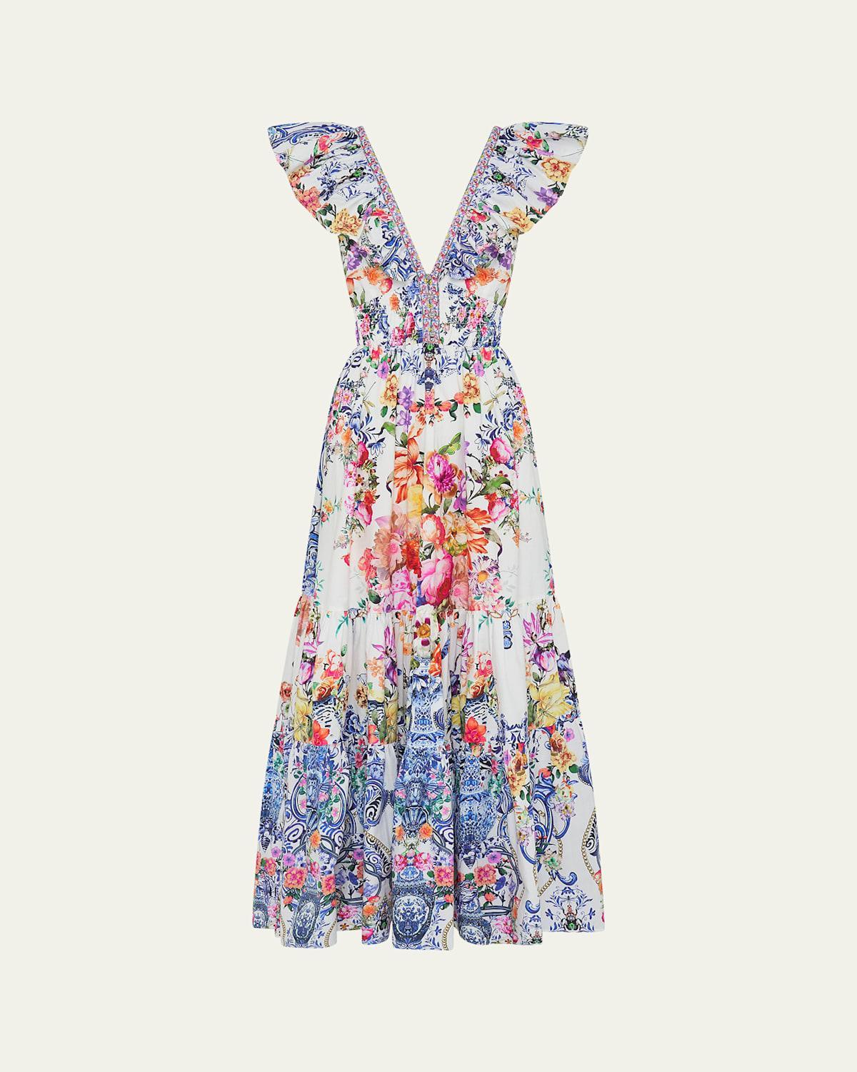 Neck Frill Tiered Floral Poplin Maxi Dress Product Image