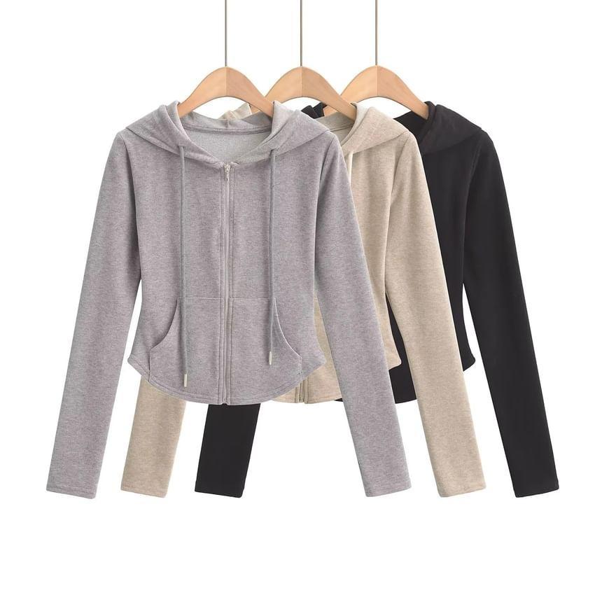 Drawstring Plain Zip Up Cropped Hoodie Product Image