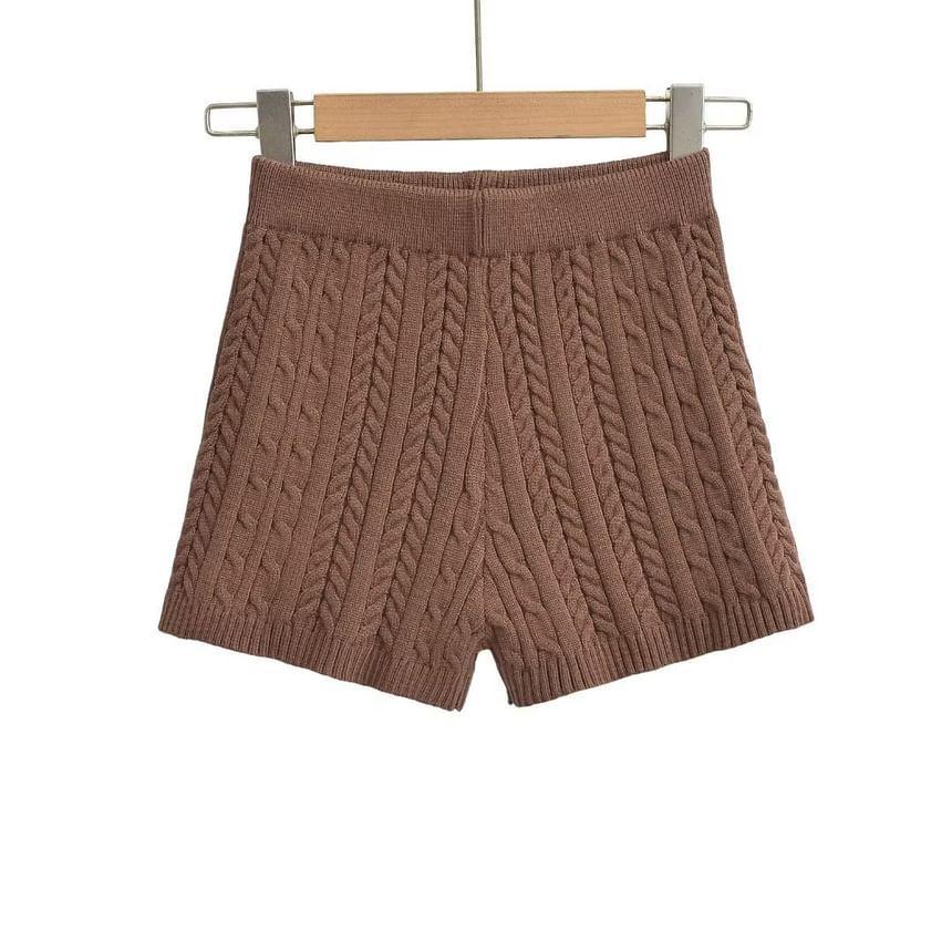 High Waist Plain Cable Knit Shorts Product Image