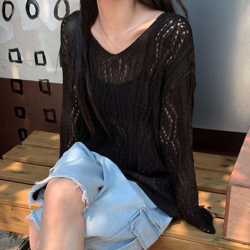 Long Sleeve V-Neck Plain Crochet Knit Loose-Fit Top Product Image