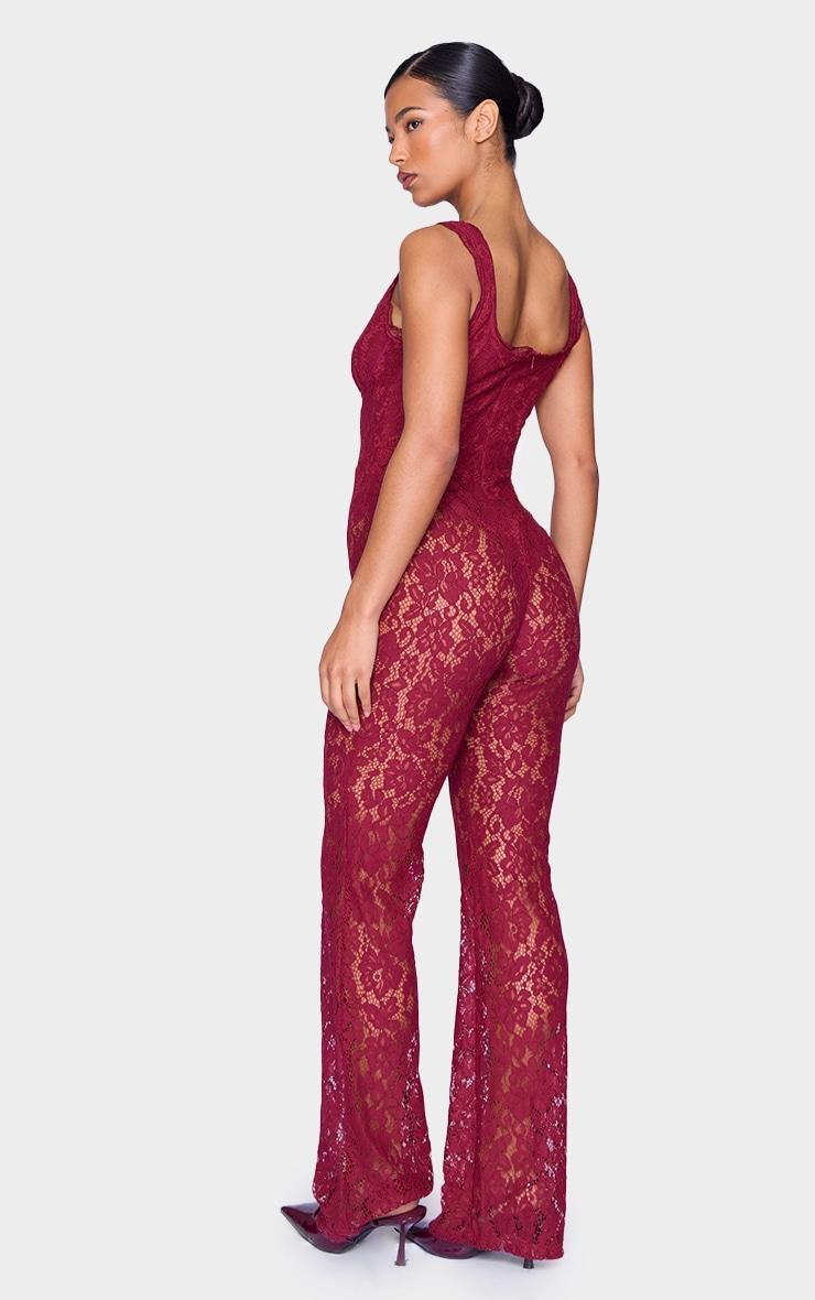 Burgundy Lace Boning Detail Strappy Flared Jumpsuit Product Image