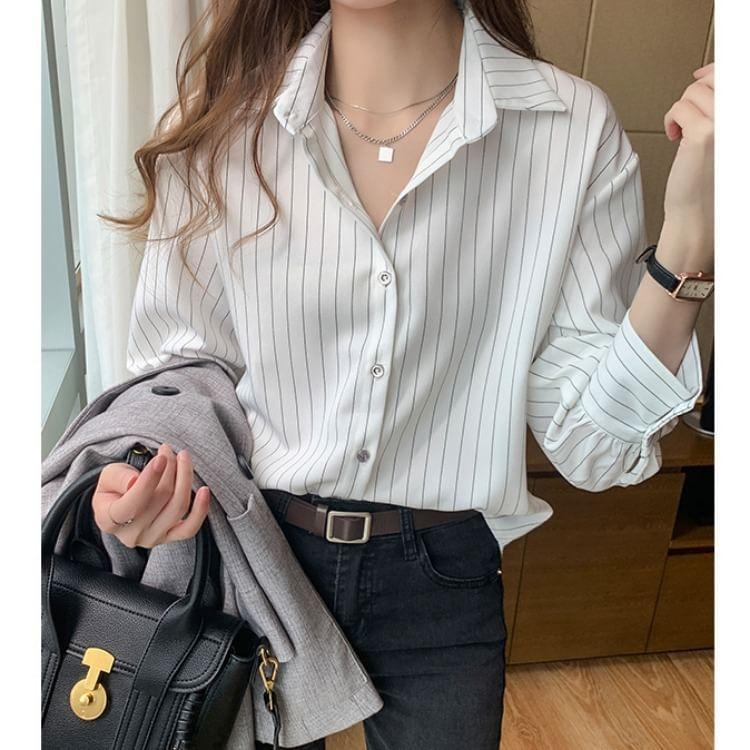 Long-Sleeve Collar Pinstriped Blouse Product Image