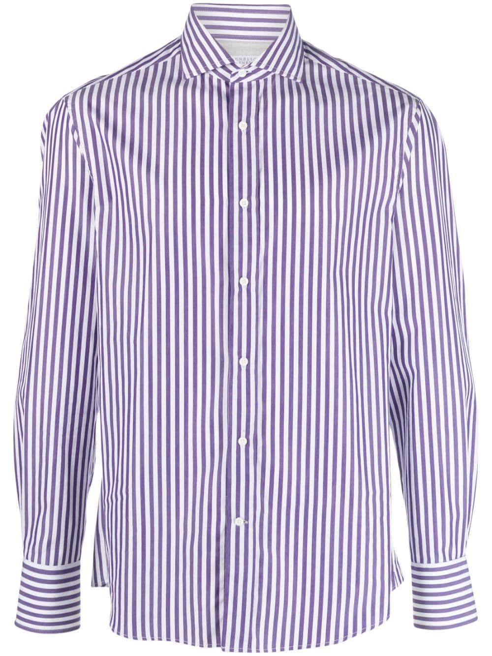 BRUNELLO CUCINELLI Striped Long-sleeve Cotton Shirt In Purple Product Image