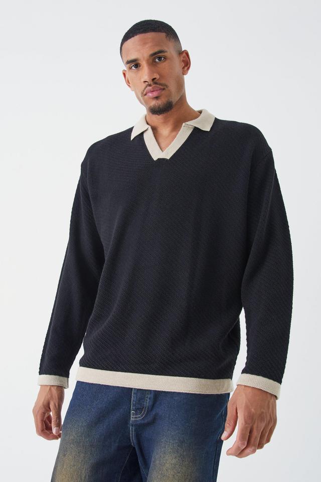 Tall Long Sleeved Oversized Contrast Collar Knitted Polo | boohooMAN USA Product Image