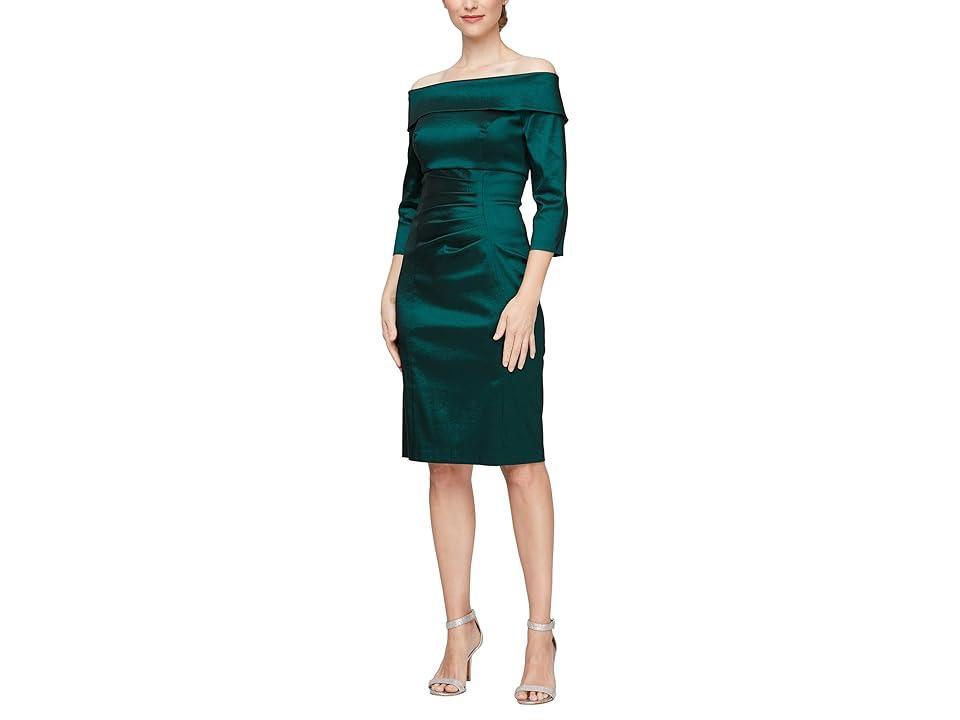 Alex Evenings Short Off The Shoulder Taffeta Dress with Ruched Waist Detail (Emerald ) Women's Dress Product Image