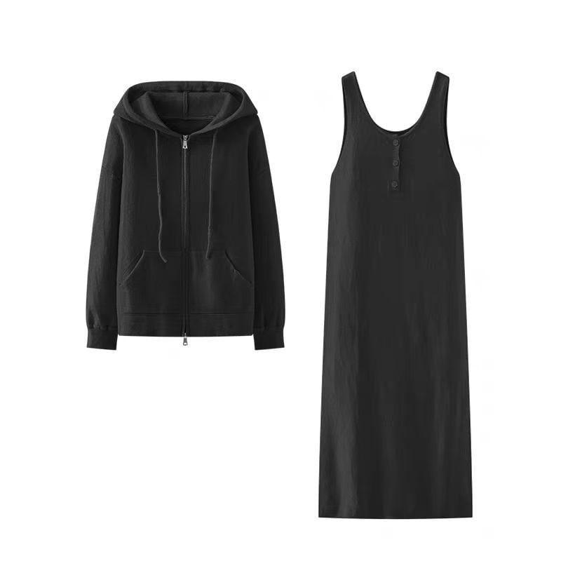 Set: Plain Hooded Zip Cardigan + Henley Maxi Tank Dress Product Image