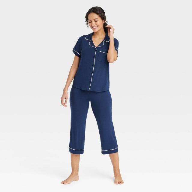 Womens Cloud Knit Short Sleeve Notch Collar Top and Cropped Pants Pajama Set - Auden Navy Blue L Product Image