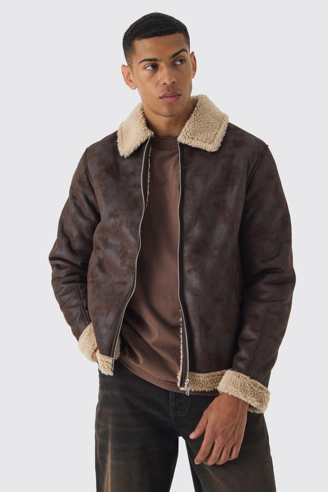 Faux Suede Aviator Jacket In Brown | boohooMAN USA Product Image